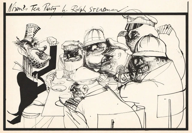 σκίτσο του Ralph Steadman με τίτλο ‘Το Tea Party του Nixon’,c από το βιβλίο ‘Φόβος και μίσος στην προεκλογική εκστρατεία του 1972’ (Fear and loathing on the campaign trail) / γίνεται αναφορά και στο βιβλίο του William Stephenson, ‘Παράξενη Δημοκρατία, η Αμερική του Hunter Thompson’ (Gonzo Repulic) / παραπέμπει και στη φόρμουλα της εξόδου από το Βιετνάμ το 1973 με συνθήμα: ‘Ειρήνη με τιμή’ (Peace with honour) και την παρόμοια φράση του πρωθυπουργού του Ηνωμένου Βασιλείου Neville Chamberlaine (1937 - 1940) ‘Ειρήνη στον καιρό μας’ (Peace in our time), μετά τη σύνοδο του Μονάχου με το Χίτλερ (1938)