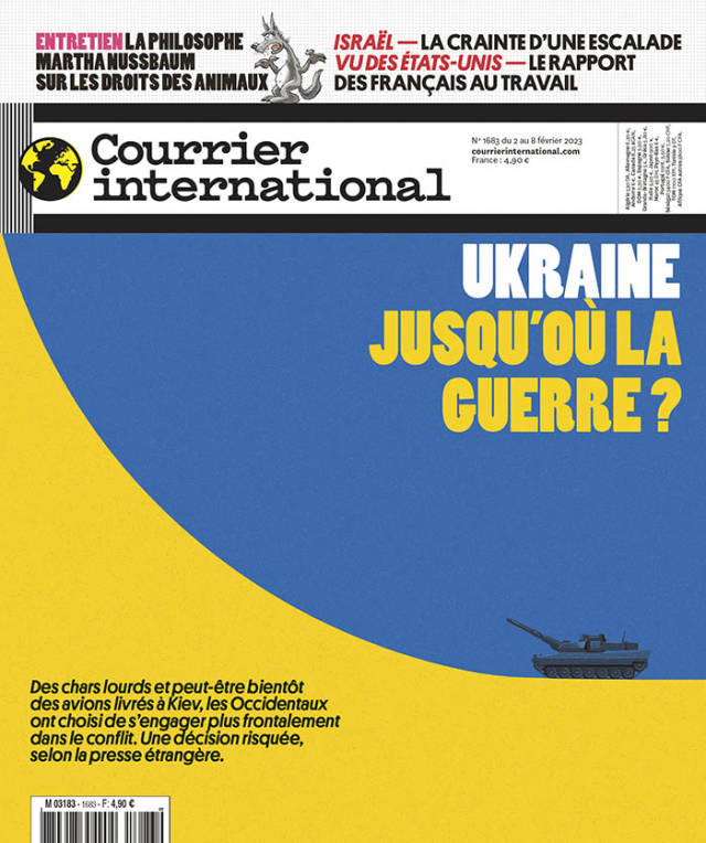 τo τεύχος 02-08/02 του περιοδικού Courrier International με τίτλο: ‘Ουκρανία: Μέχρι πού ο πόλεμος; Οι δυτικοί έχουν επιλέξει να εμπλακούν πιο μετωπικά στη σύρραξη - μια απόφαση με ρίσκο. Ποιος θα μπορούσε να προβλέψει ότι αυτή θα διαρκούσε ένα χρόνο, χωρίς να γίνεται να φανταστούμε το μέλλον;’