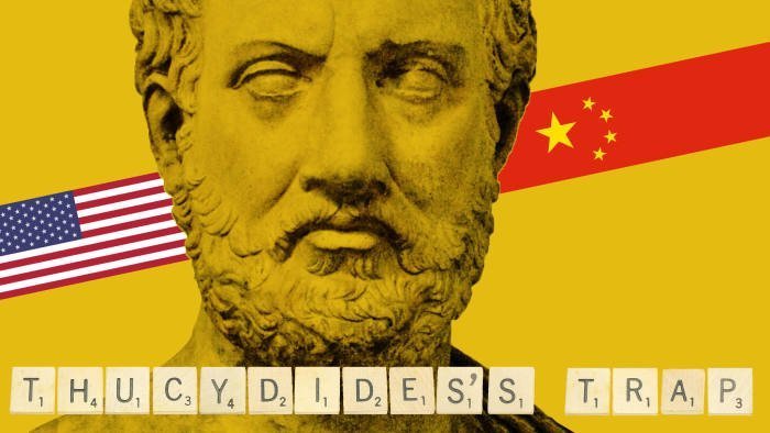 ft.com montage / ShakkoCC - Gideon Rachman (12/2018): Η αναφορά στην ‘παγίδα του Θουκυδίδη’ είχε γίνει από τον καθηγητή Graham Allison σε άρθρο στους Financial Times το 2012 για να εξηγήσει τον ανταγωνισμό ανάμεσα σε καθιερωμένες και ανερχόμενες δυνάμεις, με βάση την περιγραφή του Πελοποννησιακού Πολέμου (431-404 πΧ), που προκλήθηκε σύμφωνα με την ανάλυσή του, από την άνθηση της Αθήνας και τον φόβο που αυτή προκαλούσε στη Σπάρτη. Ανέλυσε την ιδέα στο βιβλίο του ‘Προορισμένες για πόλεμο, Μπορούν η Αμερική και η Κίνα να αποφύγουν την παγίδα του Θουκυδίδη;’ (Destined for war, Can America and China escape Thucydides’s Trap?, 2017).
