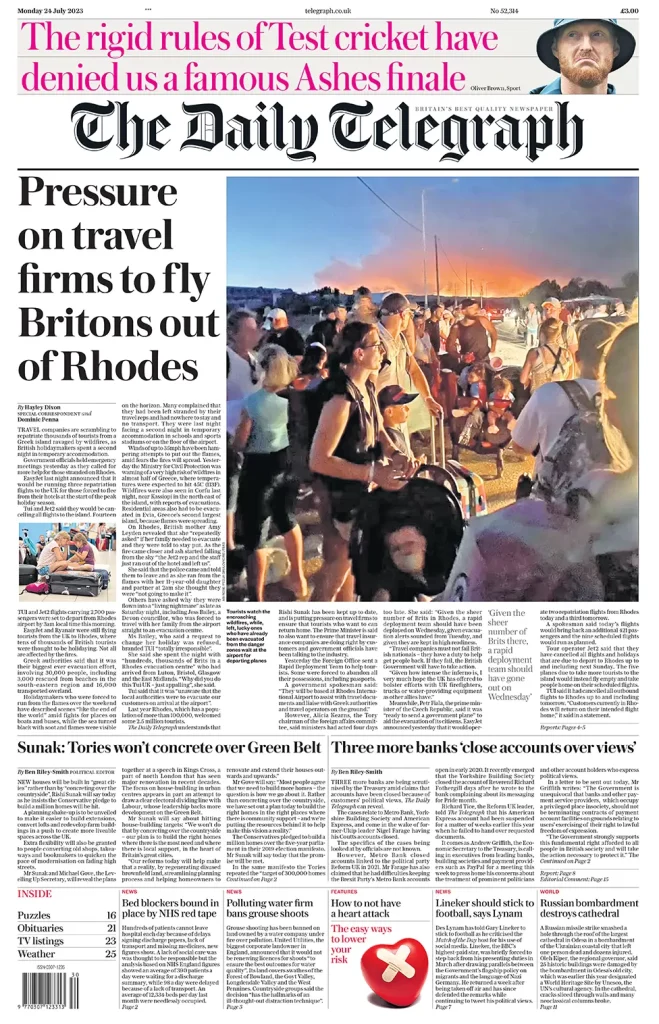 The Daily Telegraph: ‘Πίεση στις ταξιδιωτικές εταιρείες να μεταφέρουν αεροπορικώς Βρετανούς από τη Ρόδο’ (24/07)