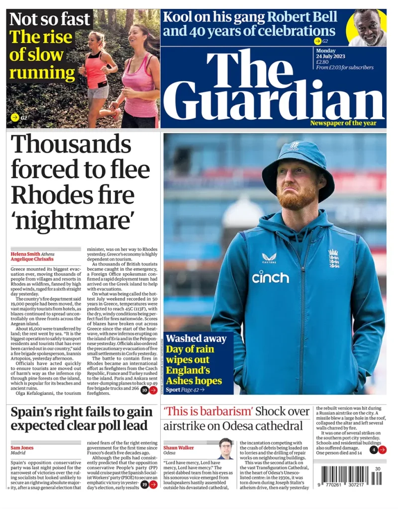The Guardian: “Χιλιάδες αναγκάζονται να τραπούν σε φυγή από τον ‘εφιάλτη’ της φωτιάς στη Ρόδο” (24/07)