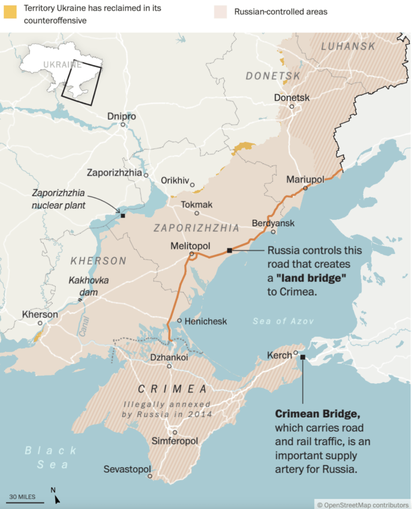 χάρτης ανατολικής Ουκρανίας > με ροζ, οι περιοχές που ελέγχονται από τη Ρωσία / με κίτρινο, όσες ανακατέλαβε η Ουκρανία (bbc.com)