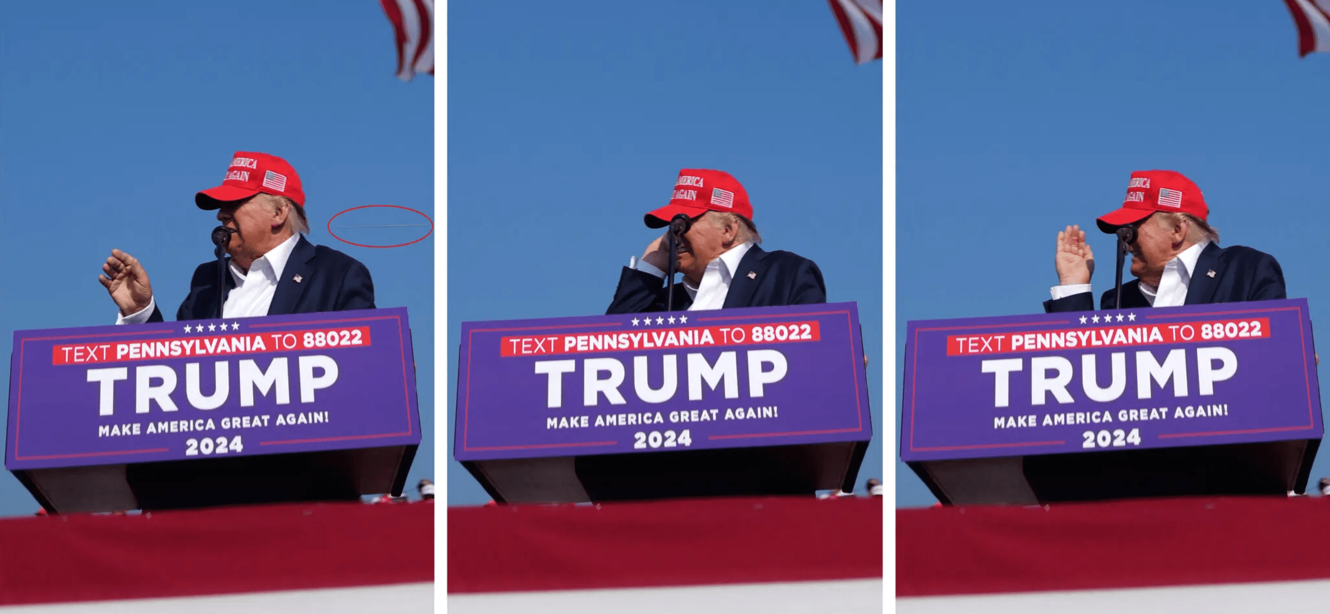 oι εικόνες του Doug Mills, βετεράνου φωτογράφου των New York Times φαίνεται να δείχνουν την πορεία βλήματος, που βρήκε τον D. Trump 