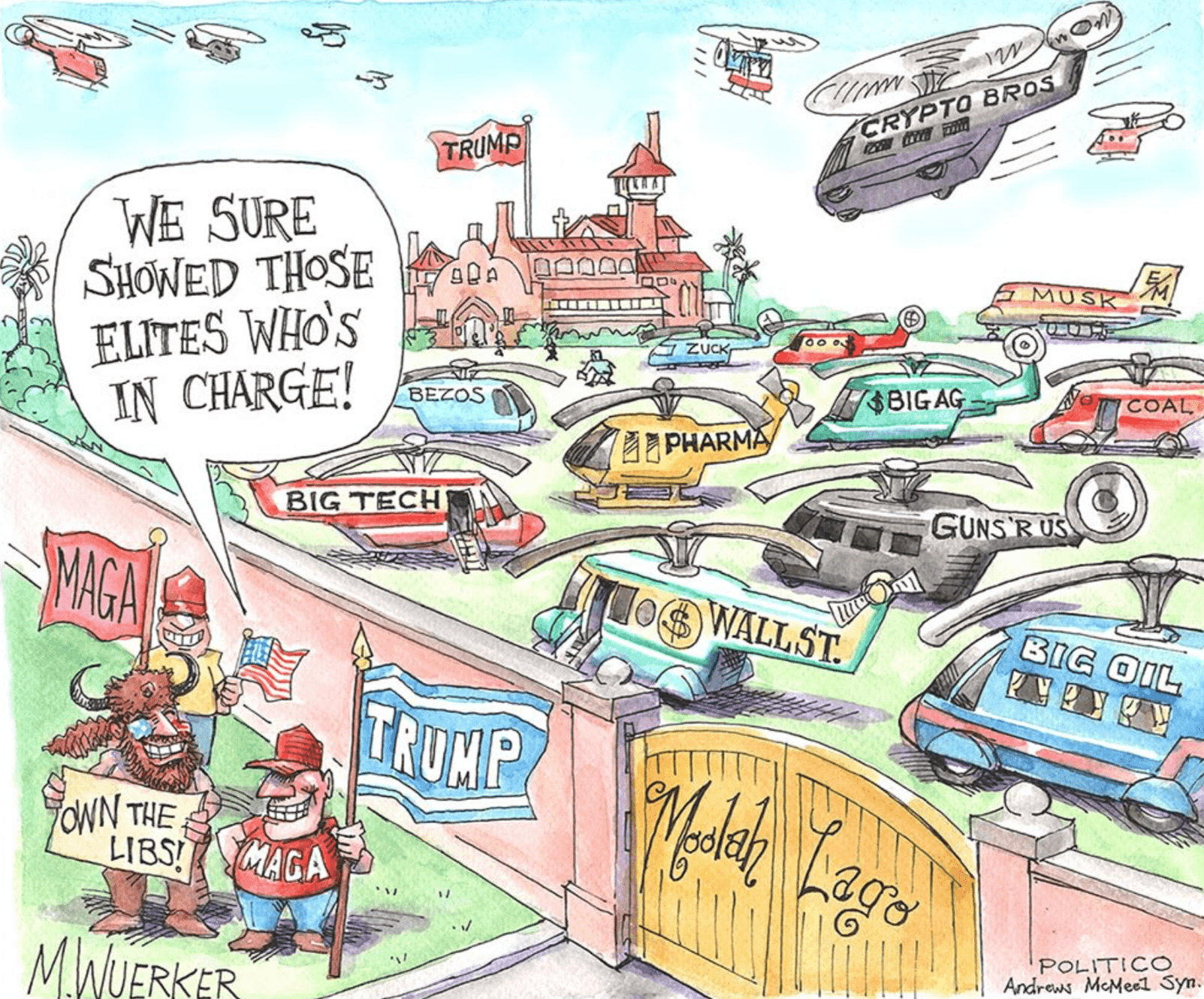 γελοιογραφία του Matt Wuerker στο politico > υποστηρικτές του D. Trump από την εργατική τάξη: ‘Σίγουρα δείξαμε σε αυτές τις ελίτ ποιος κάνει κουμάντο!’