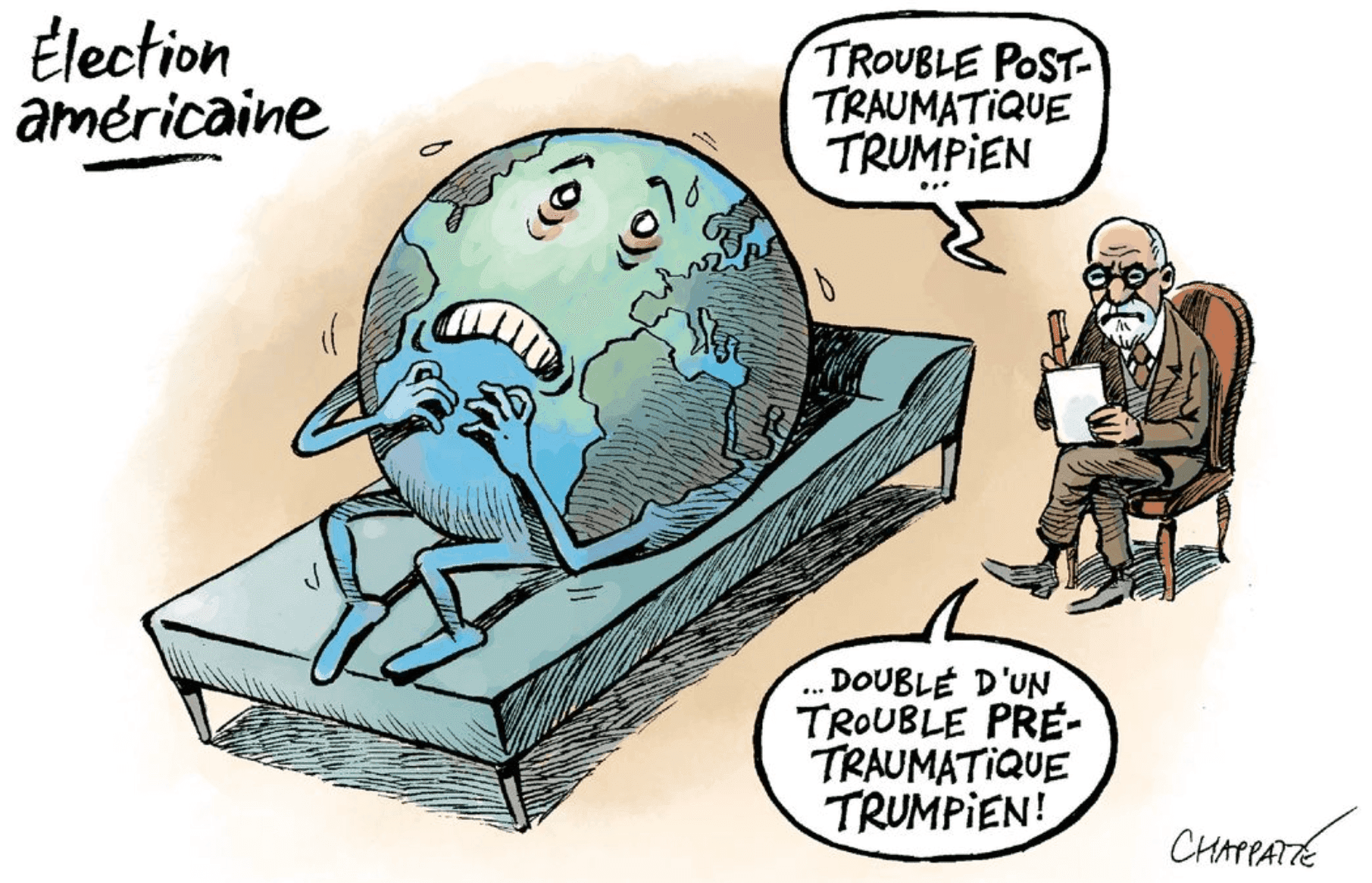 γελοιογραφία του Patrick Chappatte στη Le Monde: Αμερικανικές εκλογές - O κόσμος στο ντιβάνι > διάγνωση του S. Freud: μετα-τραμπικό τραυματικό στρες μαζί με προ-τραμπικό τραυματικό στρες 